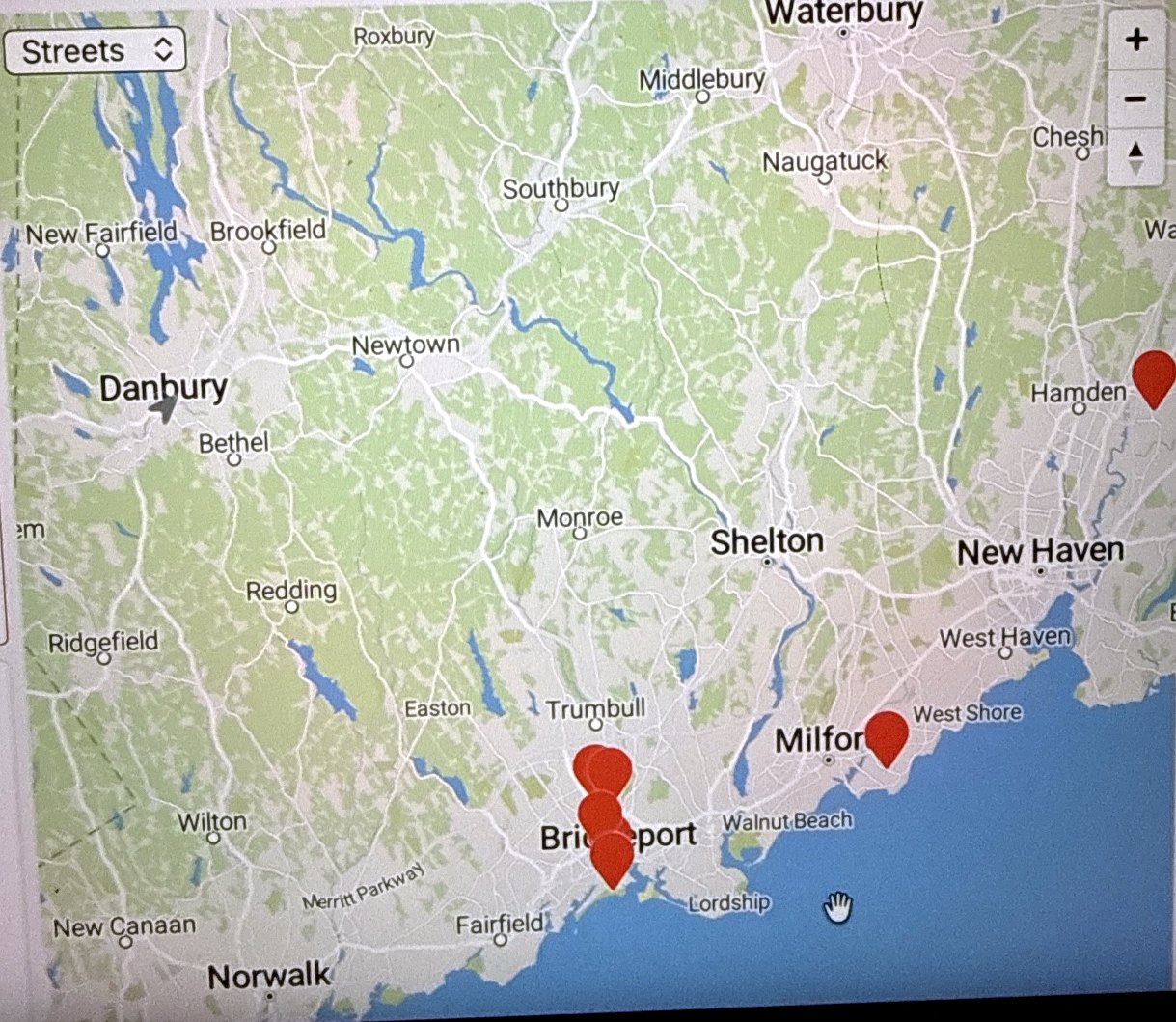The BIYC business directory map with red pins on member businesses around Bridgeport
